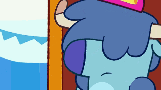 a blue cartoon character with horns and a pink hat looks out a window
