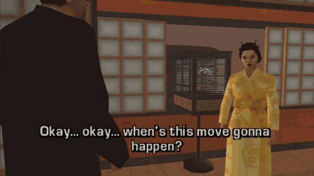 a video game screen shows a woman in a yellow robe talking to a man