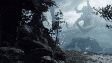 a monster with horns is surrounded by trees and rocks in a dark forest