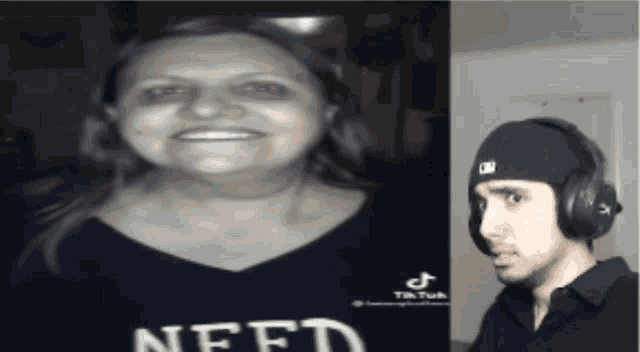 a man wearing headphones next to a woman wearing a need shirt