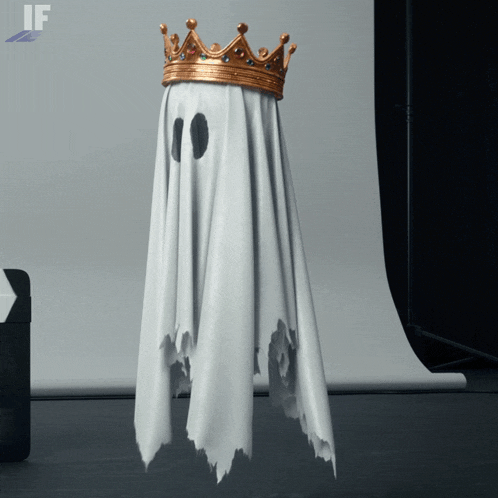 a white ghost with a gold crown on its head with the if logo in the corner