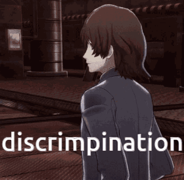 a man in a suit is standing in front of a sign that says " discrimination "