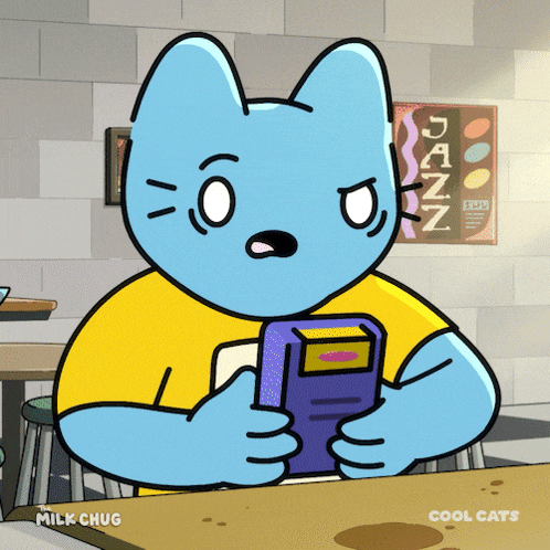 a cartoon of a blue cat sitting at a table with a jazz poster in the background