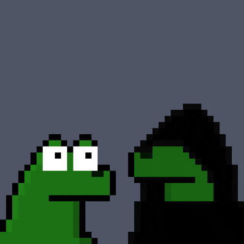 a pixel art of a frog and a gorilla on a gray background
