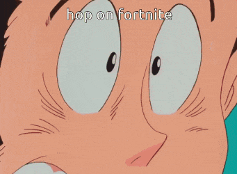 a close up of a cartoon character with the words hop on fortnite above him