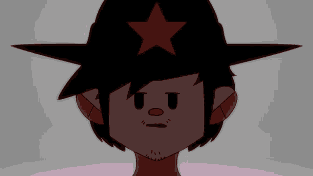a cartoon character with glowing eyes and a yellow star on his hat