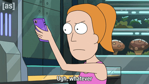 a cartoon of a woman taking a picture with the words ugh whatever below her