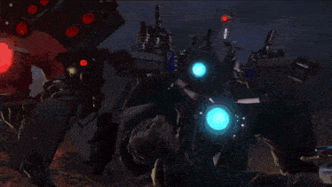 a robot with a blue light on its head holds a device that says ' ee ' on it