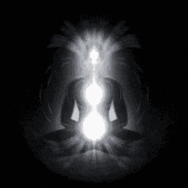 a black and white drawing of a person sitting in a lotus position with a white light coming out of their chest .