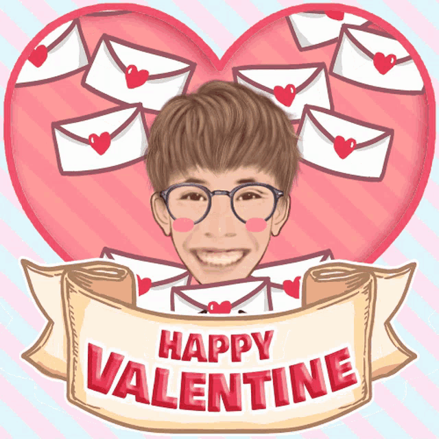 a valentine 's day greeting card with a boy in a heart surrounded by envelopes
