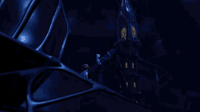 a boy sits on a ledge looking at a glowing sphere with a clock tower in the background