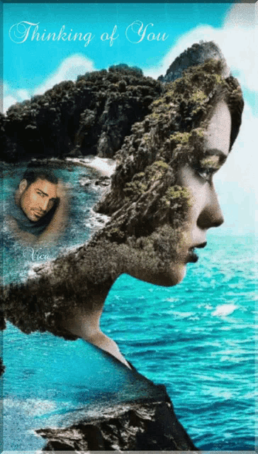 a picture of a woman and a man with the words " thinking of you "