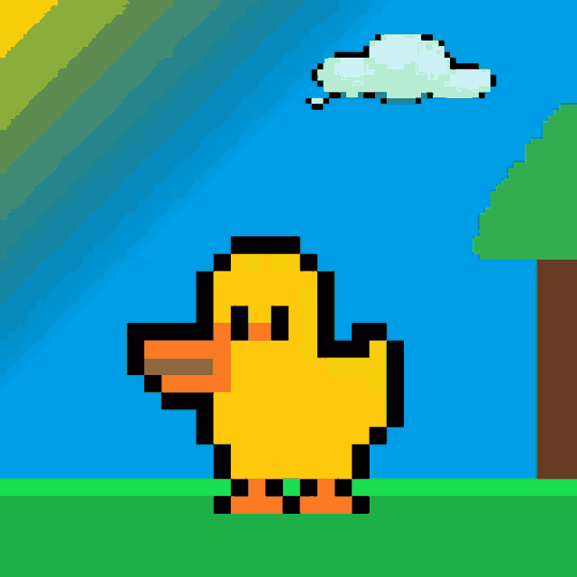 a pixel art of a duck standing in a field