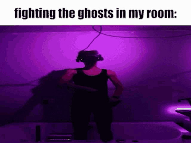 a woman wearing a virtual reality headset is standing in front of a bathtub .