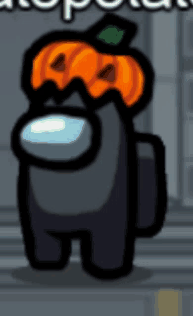a black character in among us with a pumpkin on his head .