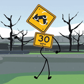 a stick figure is holding a yellow sign that says 30 mph