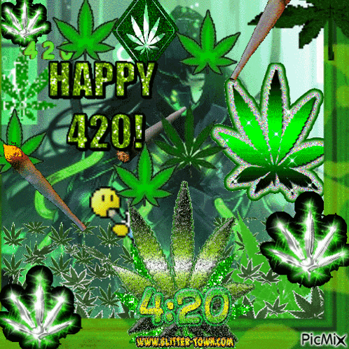 a picture of marijuana leaves that says happy 420 on it
