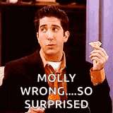 a man in a suit and tie is holding a piece of pizza and saying molly wrong ... so surprised .