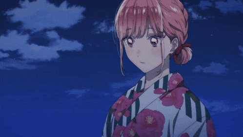 a girl with pink hair is wearing a pink and green floral kimono