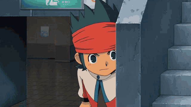 a cartoon character peeking out from behind a wall with an exit sign in the background