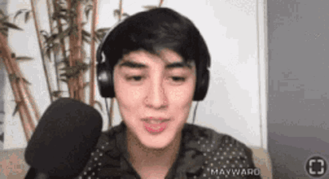 a young man is wearing headphones and talking into a microphone .