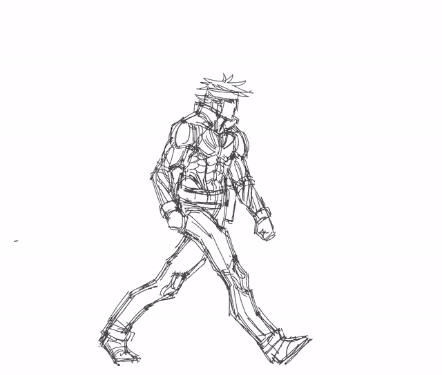 a black and white drawing of a man in a suit walking