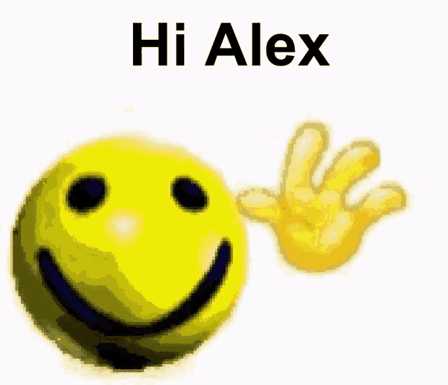 a smiley face with the words hi alex written on it