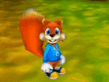 a cartoon squirrel is standing in a field holding an acorn and a ball .