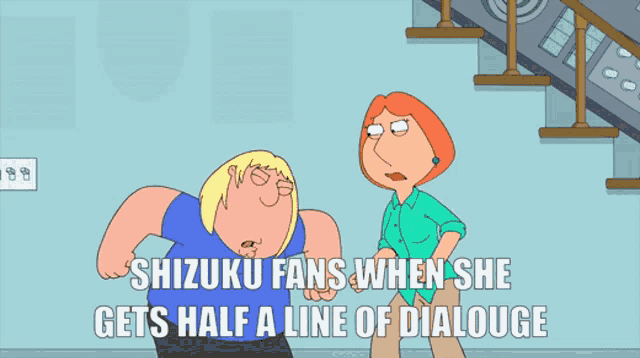 a cartoon of shizuku fans when she gets half a line of dialoge