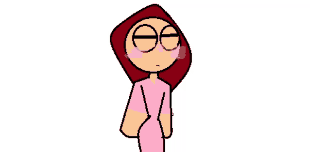 a pixel art drawing of a girl with red hair and glasses