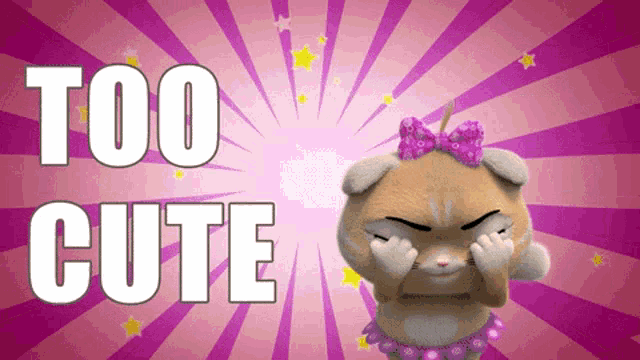 a cartoon cat with a bow on her head is covering her eyes with her hands in front of the words too cute