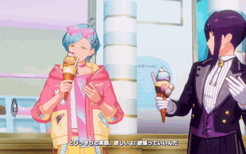 two anime characters are eating ice cream cones and one of them is wearing a pink and yellow jacket