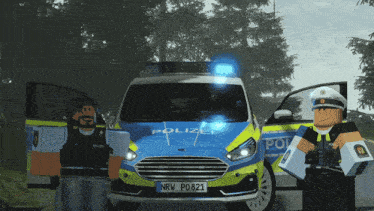 two lego police officers standing in front of a polizei van