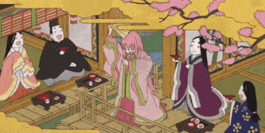 a cartoon drawing of a group of people in kimonos with cherry blossoms in the background