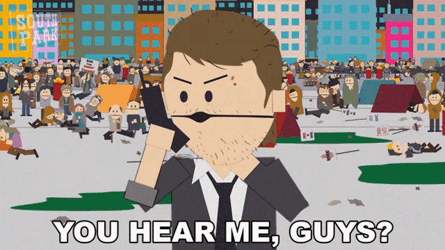 a cartoon of a man talking on a cell phone with the words you hear me guys