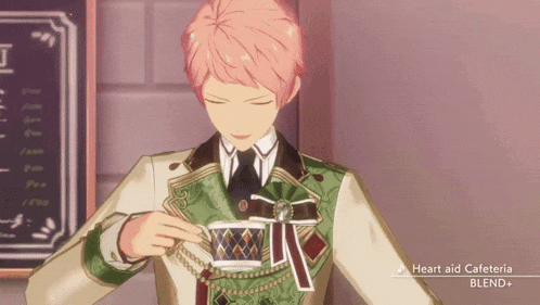 a video game character is drinking from a cup with the words heart aid cafeteria blend on the bottom right