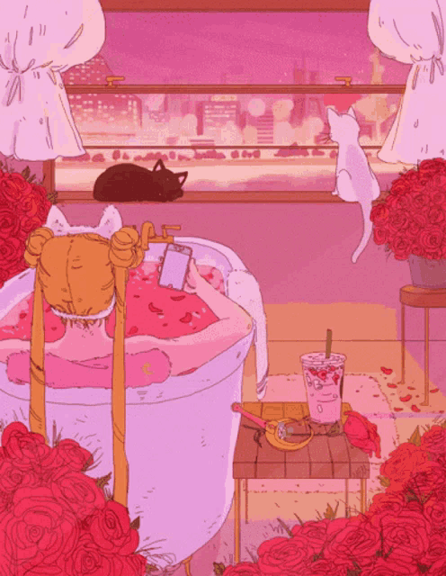 a cartoon drawing of a girl in a bathtub with roses