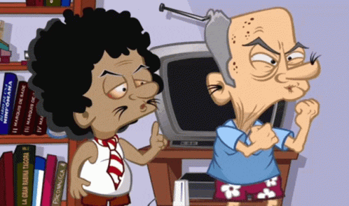 a cartoon of a man talking to another man with a book called la gran batalla nacional on the shelf behind them