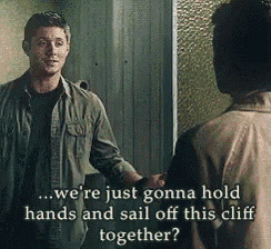 two men shaking hands with the words " we 're just gonna hold hands and sail off this cliff together " on the bottom
