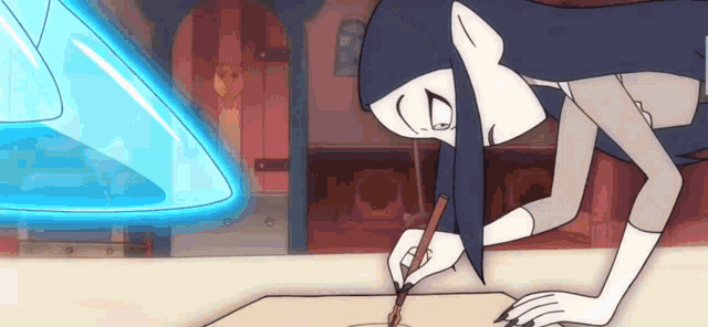 a cartoon character is writing on a piece of paper .