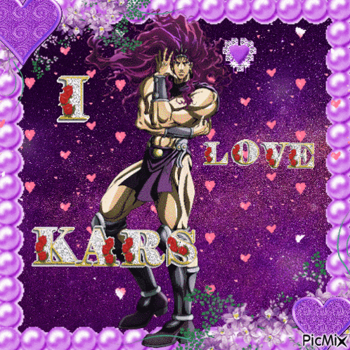 a picture of a man with purple hair and the words " i love kars "