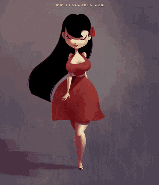 a cartoon drawing of a woman in a red dress with the website reneechio.com on the bottom