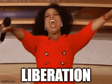 a woman in a red dress is holding a microphone with her arms outstretched and the word liberation written on the bottom