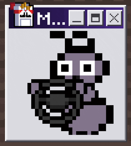 a pixel art of a cartoon character with the letters m and x visible