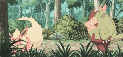 a cartoon of two pokemon in a forest