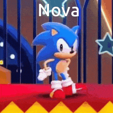 a cartoon of sonic the hedgehog standing on a stage with the word nova written above him .