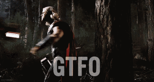 a man in a superhero suit is fighting another man in a forest and the words gtfo are visible in the foreground