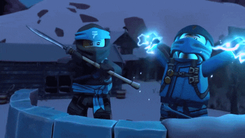 two lego ninjas are standing next to each other with one holding a sword and the other holding a lightning bolt