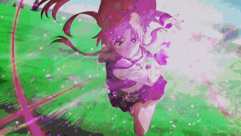 a girl in a school uniform is flying through the air with a sword .