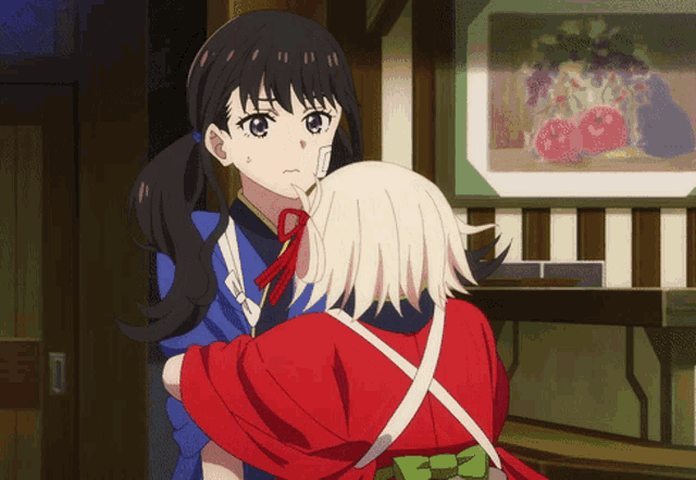 two anime girls are hugging each other in front of a picture of a vase of flowers